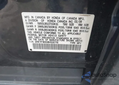 2006 Honda Pilot Ex-L from USA, damaged, VIN 2HKYF18506H530715